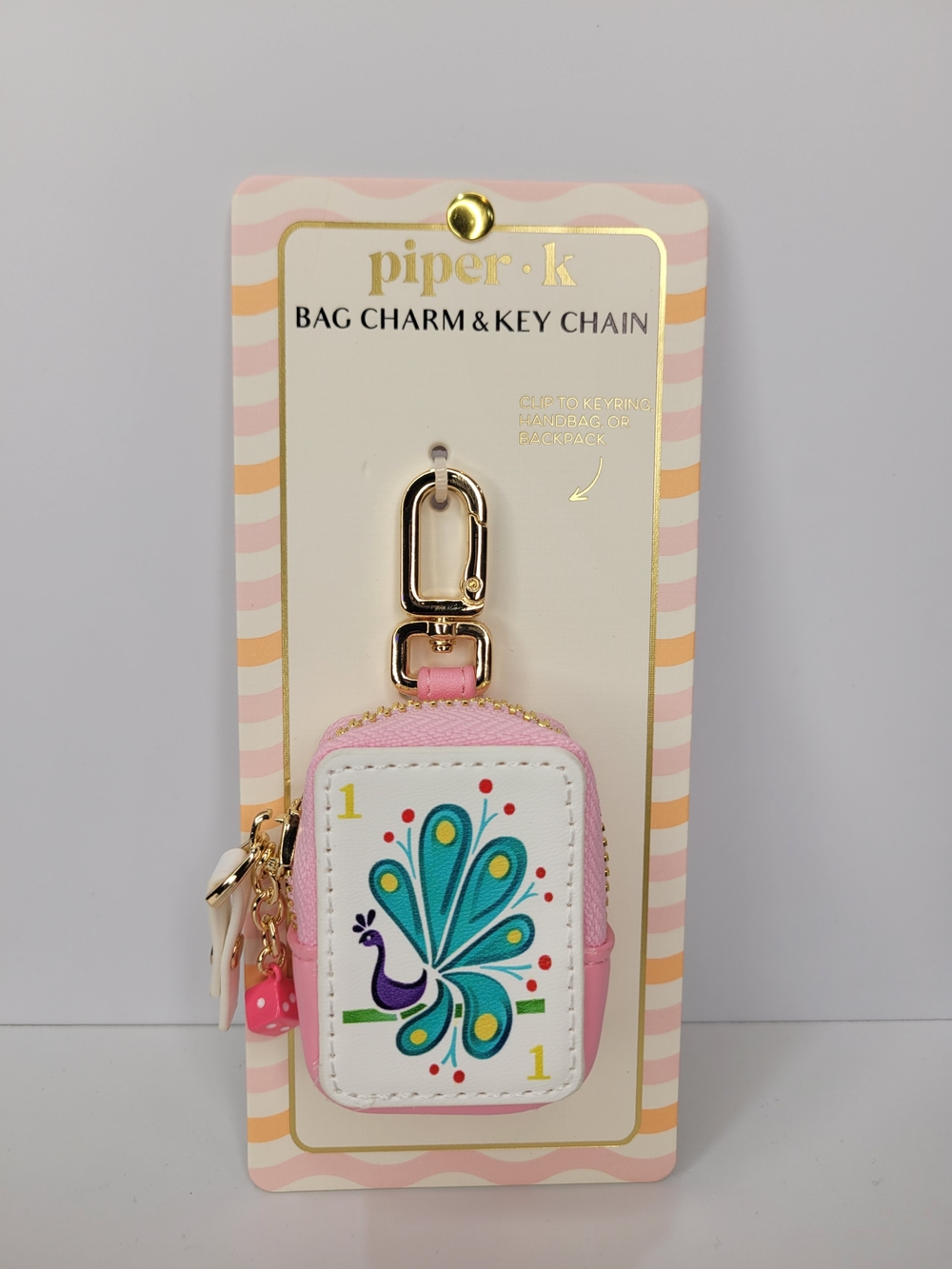 👉✨️ piper k Pink Peacock Card & Key Holder Bag Charm